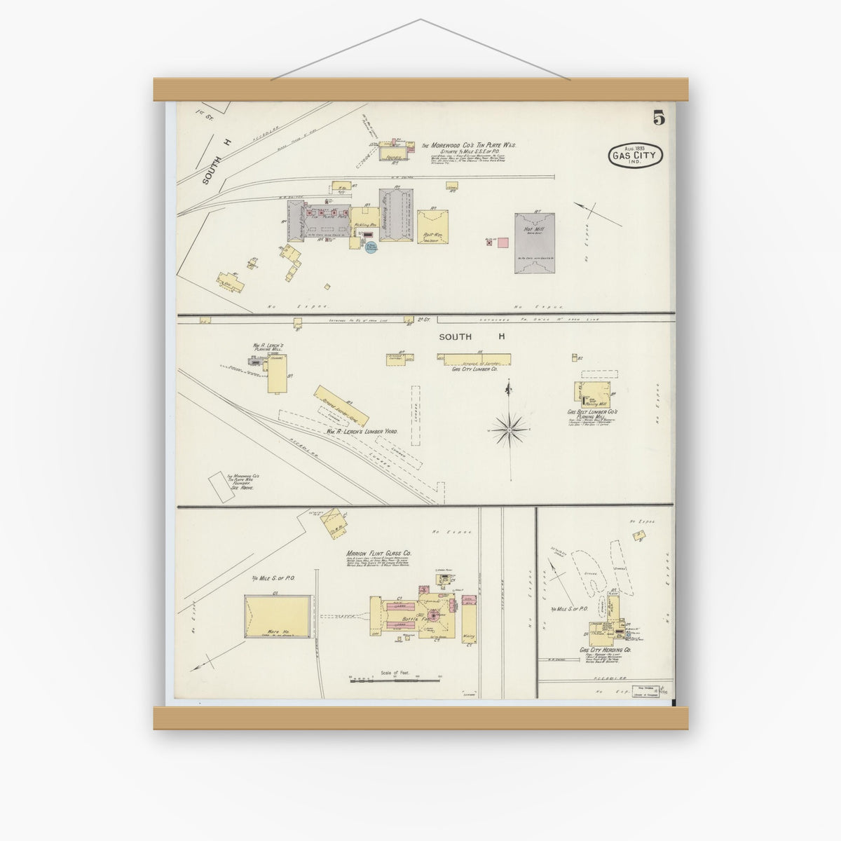 Old map wall art mockup — magnetic wood frame on white wall — Sanborn Fire Insurance Map from Gas City, Grant County, Indiana (1893), Sheet #0005
