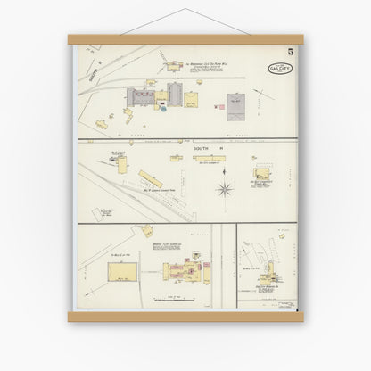 Old map wall art mockup — magnetic wood frame on white wall — Sanborn Fire Insurance Map from Gas City, Grant County, Indiana (1893), Sheet #0005