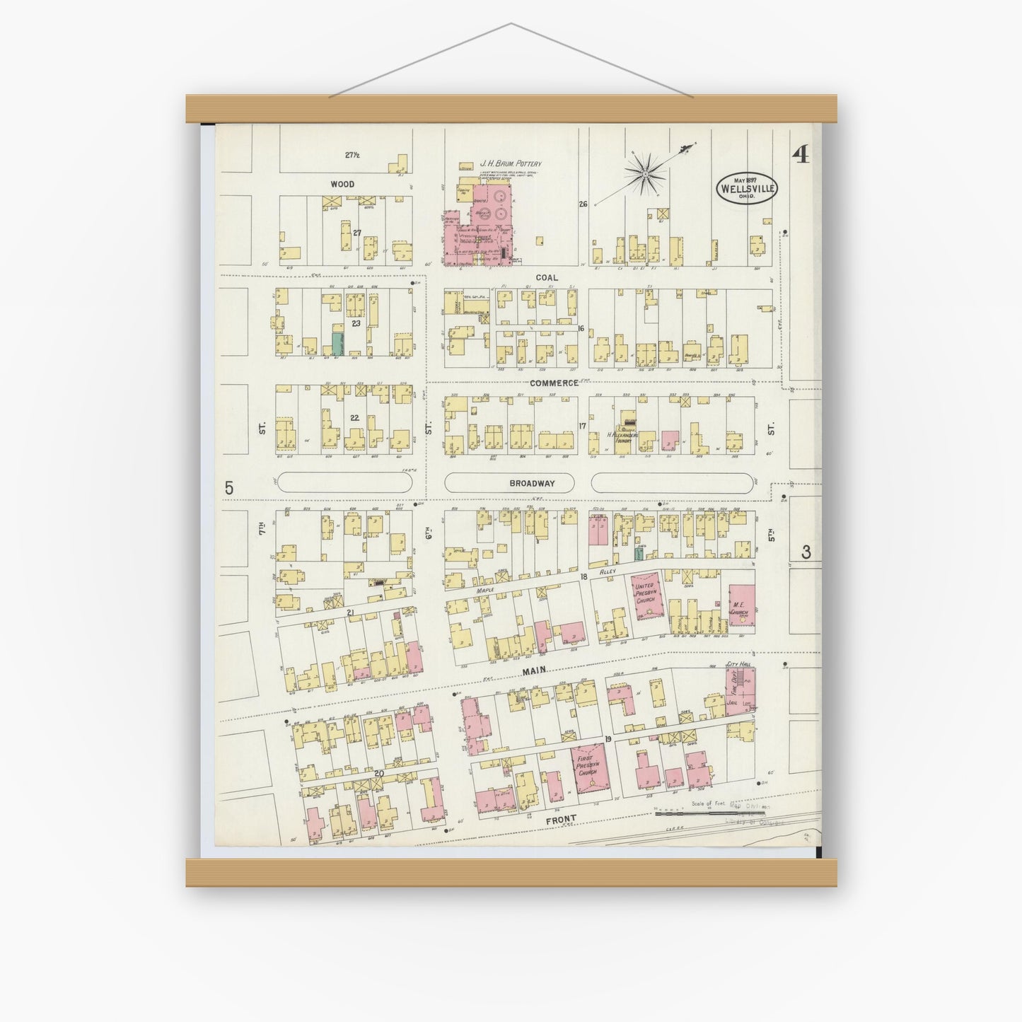 Old map wall art mockup — magnetic wood frame on white wall — Sanborn Fire Insurance Map from Wellsville, Columbiana County, Ohio (1897), Sheet #0004