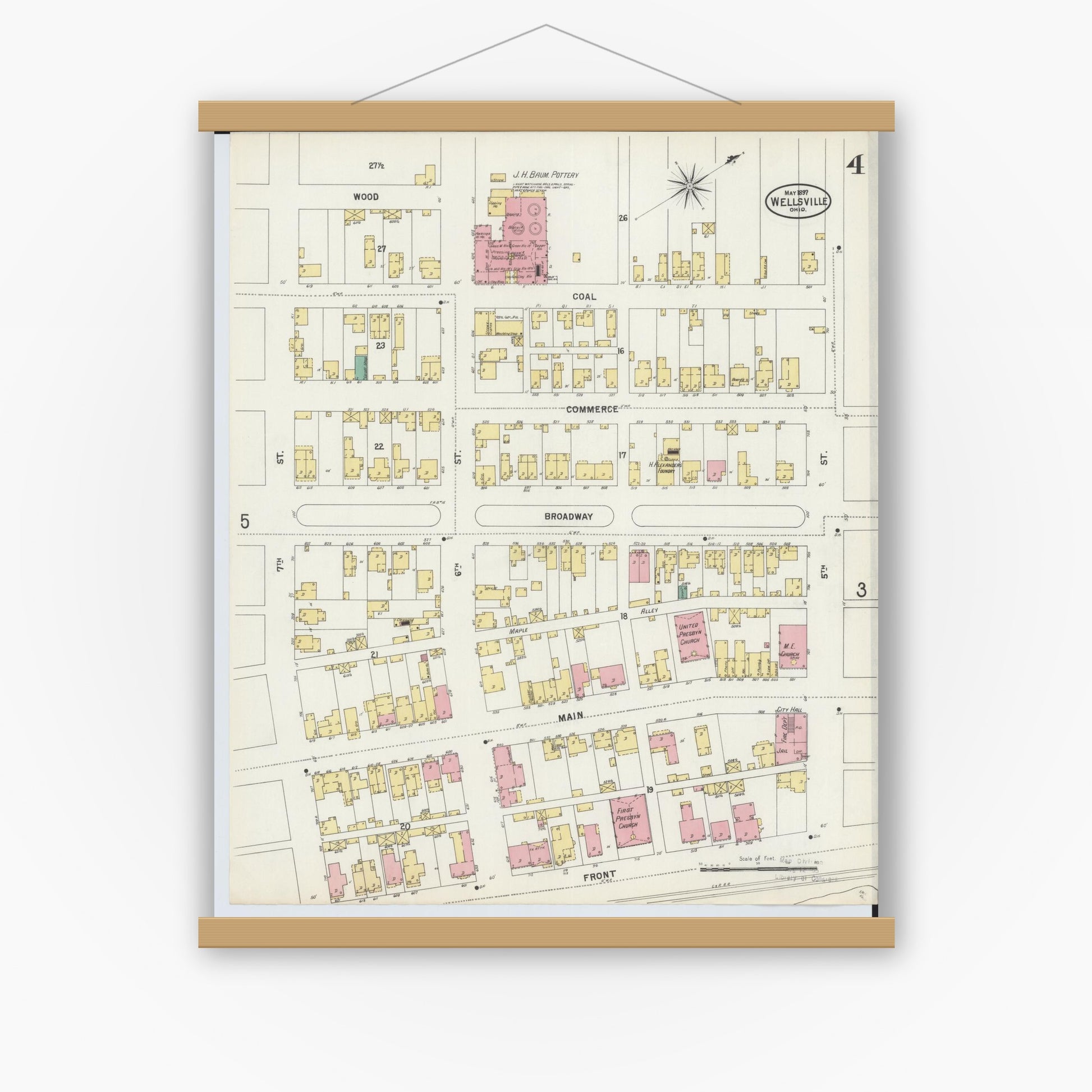 Old map wall art mockup — magnetic wood frame on white wall — Sanborn Fire Insurance Map from Wellsville, Columbiana County, Ohio (1897), Sheet #0004
