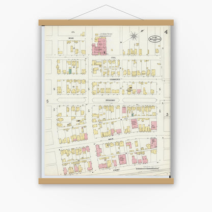 Old map wall art mockup — magnetic wood frame on white wall — Sanborn Fire Insurance Map from Wellsville, Columbiana County, Ohio (1897), Sheet #0004