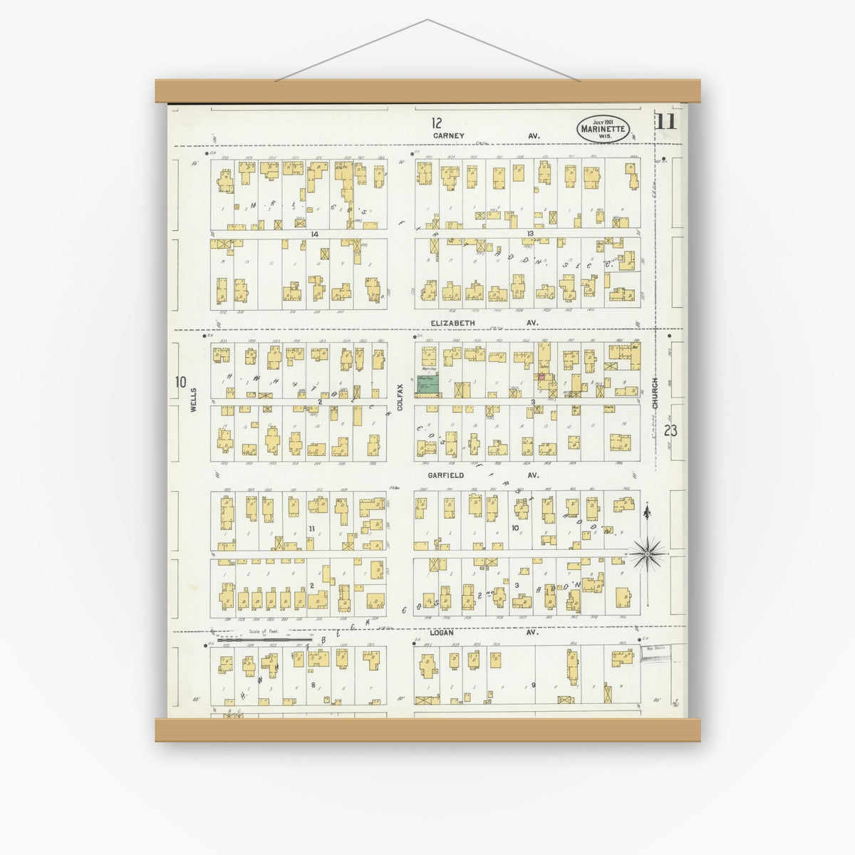 Old map wall art mockup — magnetic wood frame on white wall — Sanborn Fire Insurance Map from Marinette, Marinette County, Wisconsin (1901), Sheet #0011