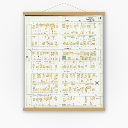 Old map wall art mockup — magnetic wood frame on white wall — Sanborn Fire Insurance Map from Marinette, Marinette County, Wisconsin (1901), Sheet #0011