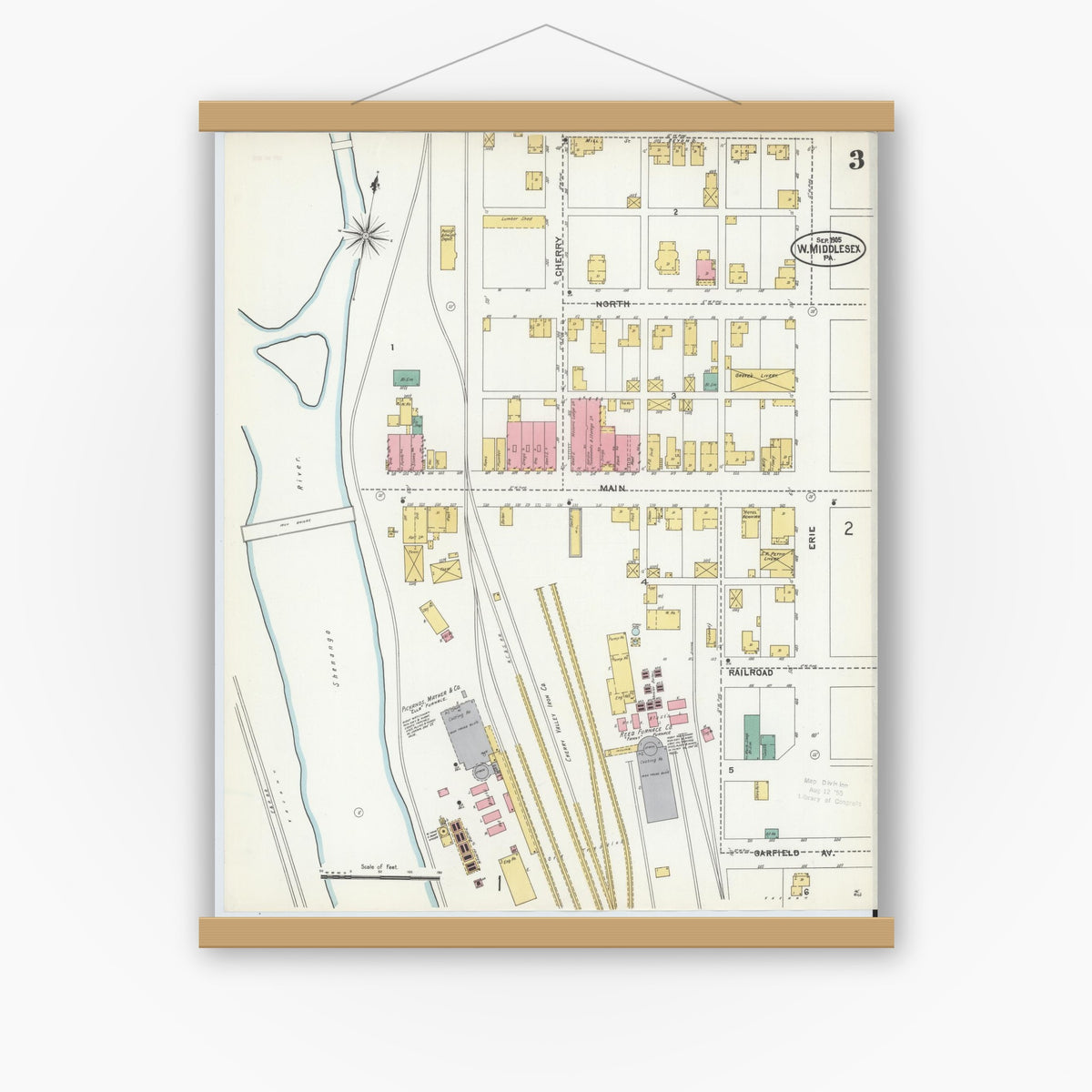 Old map wall art mockup — magnetic wood frame on white wall — Sanborn Fire Insurance Map from West Middlesex, Mercer County, Pennsylvania (1905), Sheet #0003