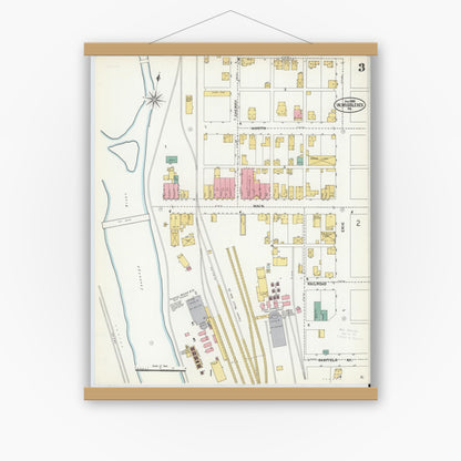 Old map wall art mockup — magnetic wood frame on white wall — Sanborn Fire Insurance Map from West Middlesex, Mercer County, Pennsylvania (1905), Sheet #0003