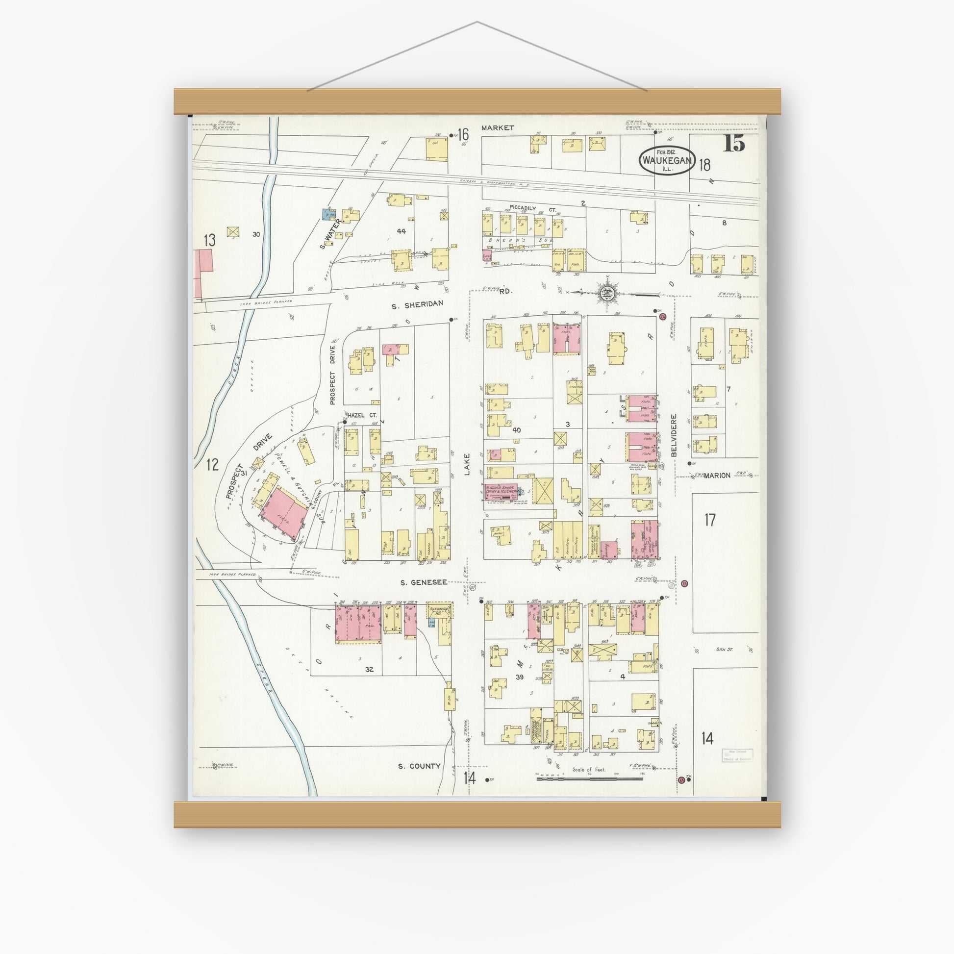 Old map wall art mockup — magnetic wood frame on white wall — Sanborn Fire Insurance Map from Waukegan, Lake County, Illinois (1912), Sheet #0015