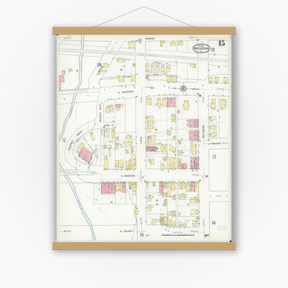 Old map wall art mockup — magnetic wood frame on white wall — Sanborn Fire Insurance Map from Waukegan, Lake County, Illinois (1912), Sheet #0015