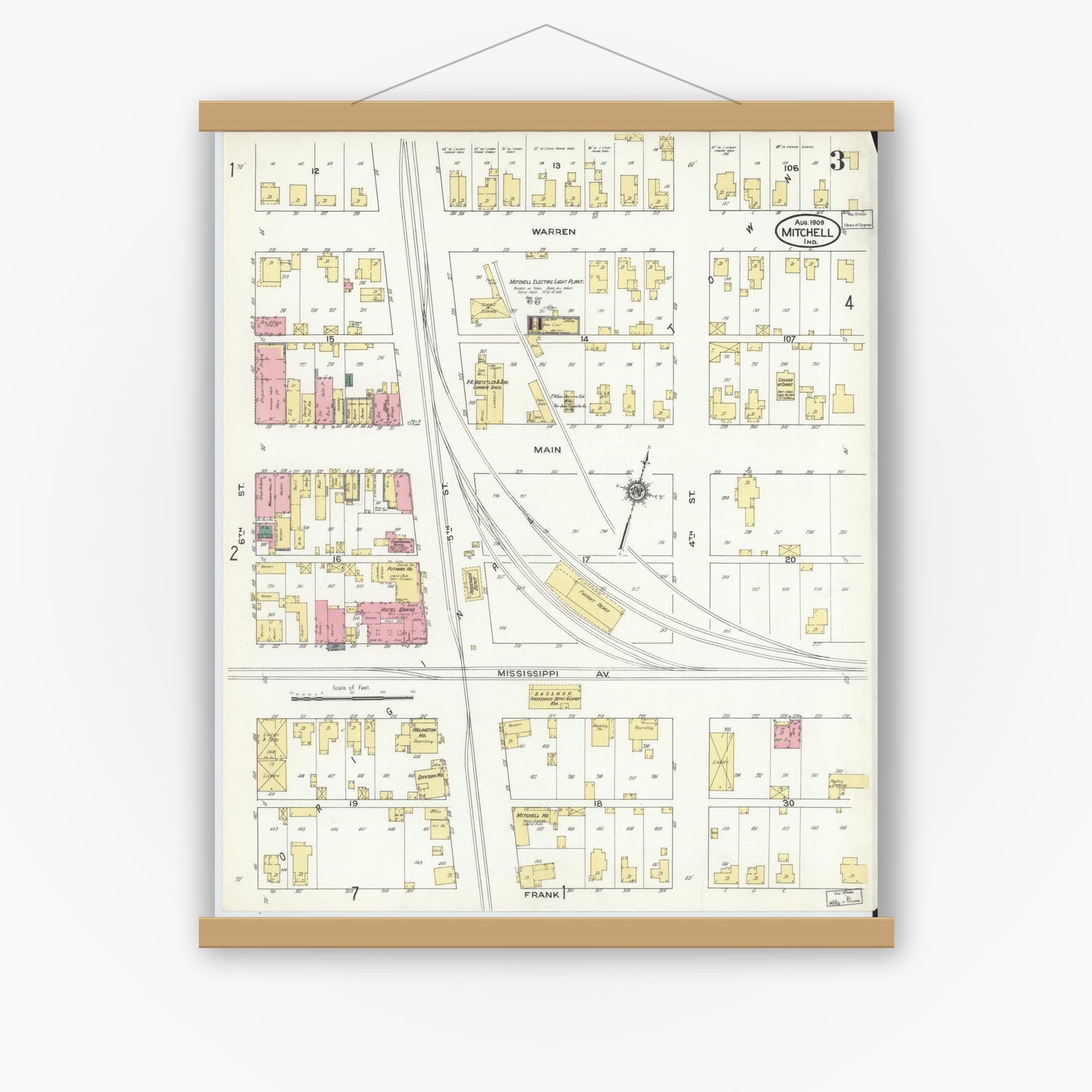 Old map wall art mockup — magnetic wood frame on white wall — Sanborn Fire Insurance Map from Mitchell, Lawrence County, Indiana (1909), Sheet #0003