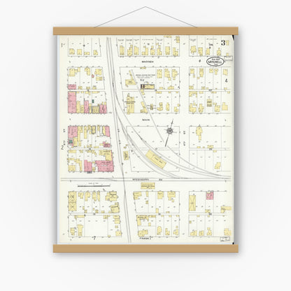 Old map wall art mockup — magnetic wood frame on white wall — Sanborn Fire Insurance Map from Mitchell, Lawrence County, Indiana (1909), Sheet #0003