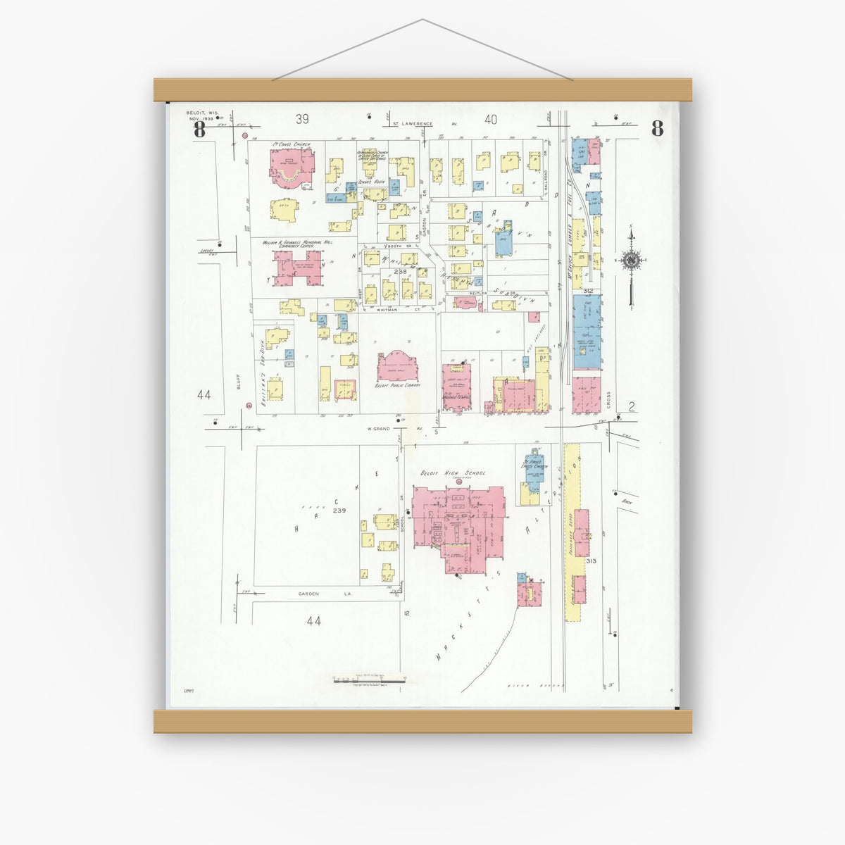 Old map wall art mockup — magnetic wood frame on white wall — Sanborn Fire Insurance Map from Beloit, Rock County, Wisconsin (1939), Sheet #0008