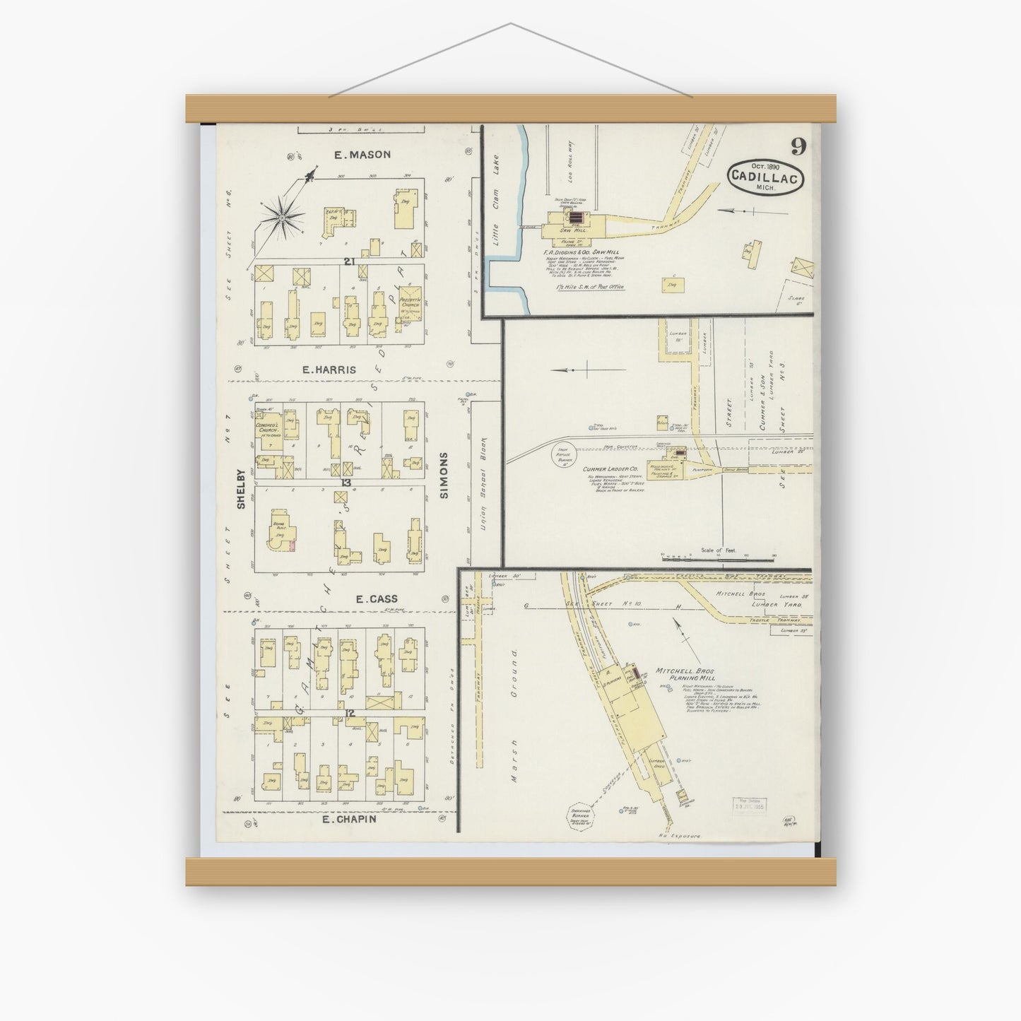 Old map wall art mockup — magnetic wood frame on white wall — Sanborn Fire Insurance Map from Cadillac, Wexford County, Michigan (1890), Sheet #0009