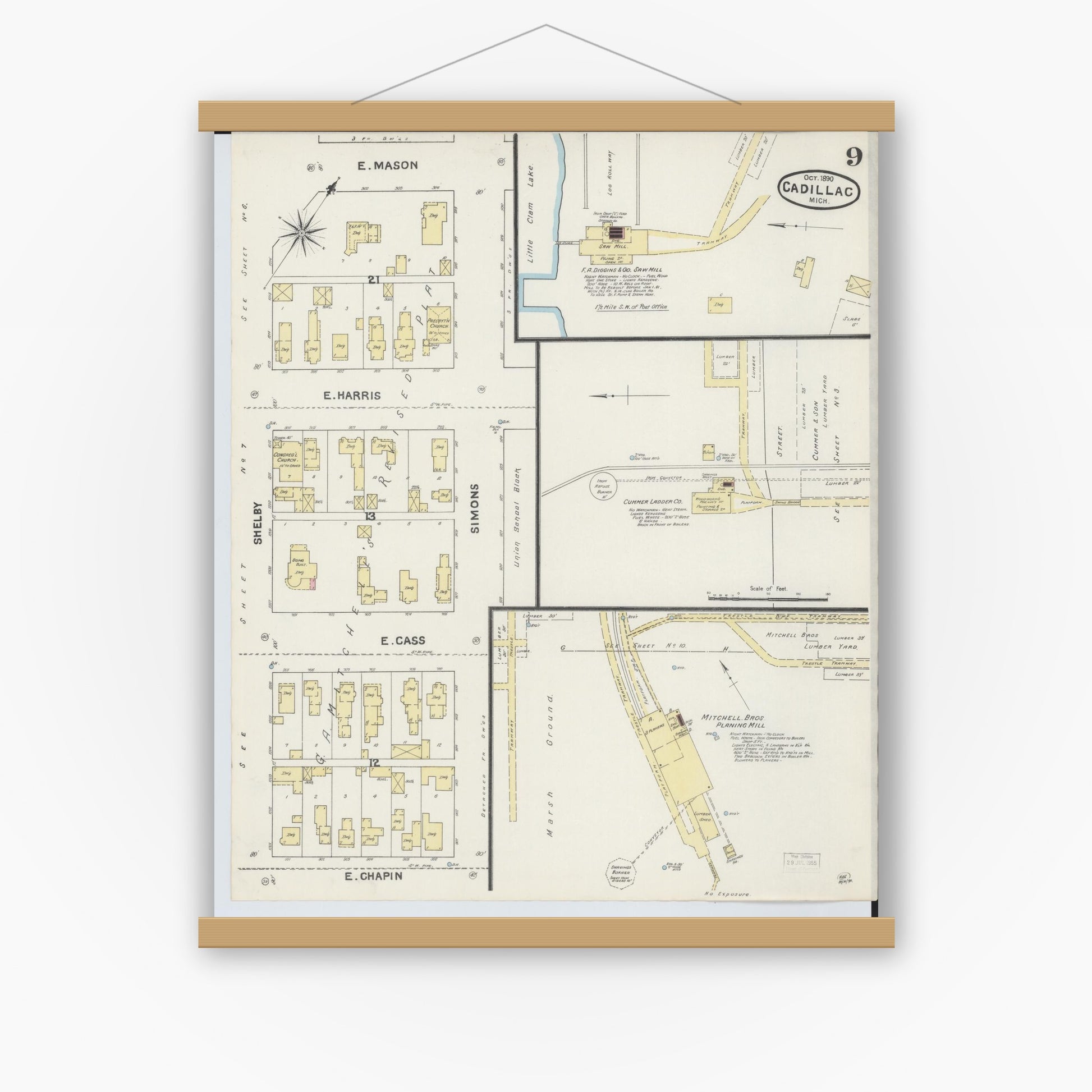 Old map wall art mockup — magnetic wood frame on white wall — Sanborn Fire Insurance Map from Cadillac, Wexford County, Michigan (1890), Sheet #0009