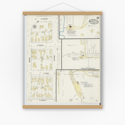 Old map wall art mockup — magnetic wood frame on white wall — Sanborn Fire Insurance Map from Cadillac, Wexford County, Michigan (1890), Sheet #0009