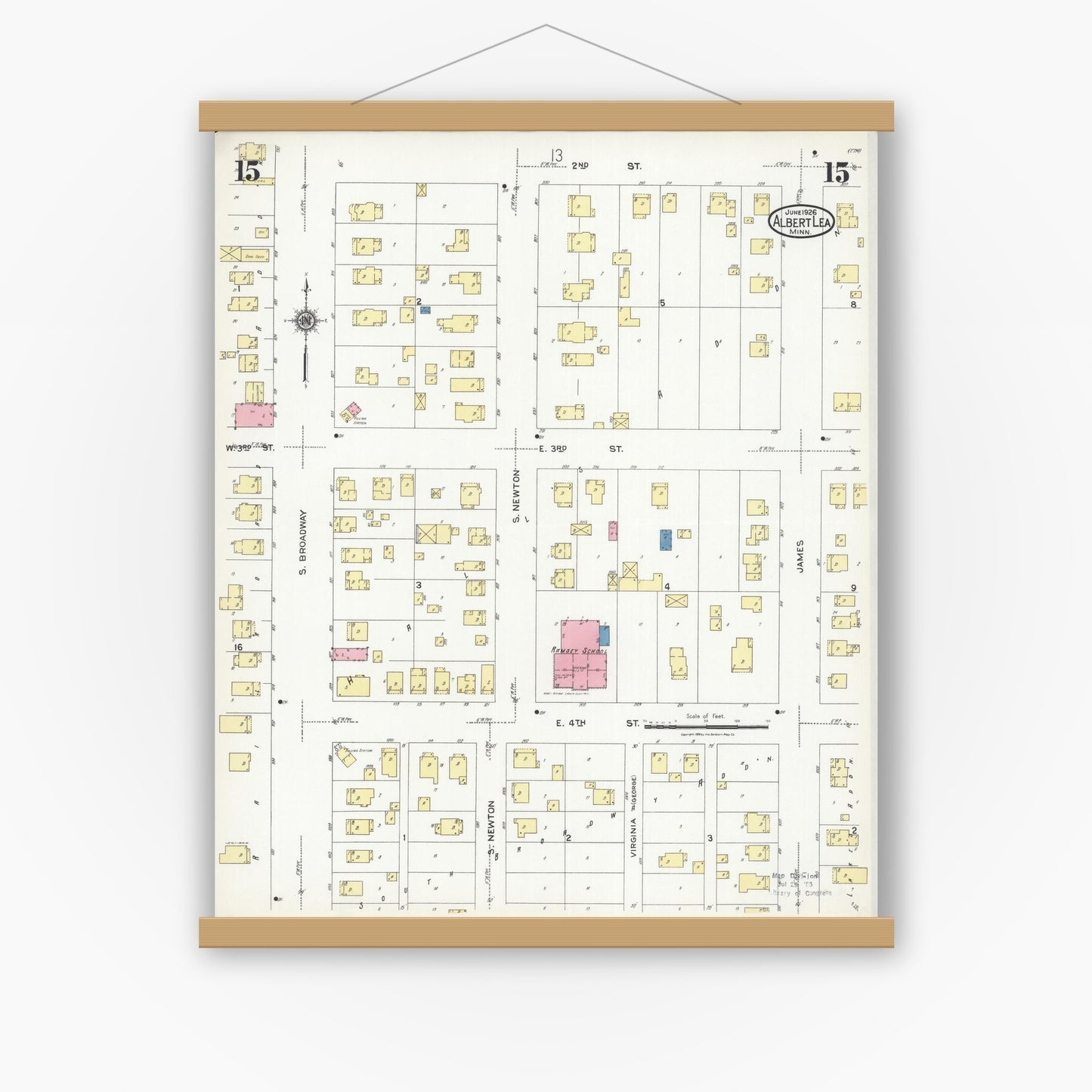 Old map wall art mockup — magnetic wood frame on white wall — Sanborn Fire Insurance Map from Albert Lea, Freeborn County, Minnesota (1926), Sheet #0015