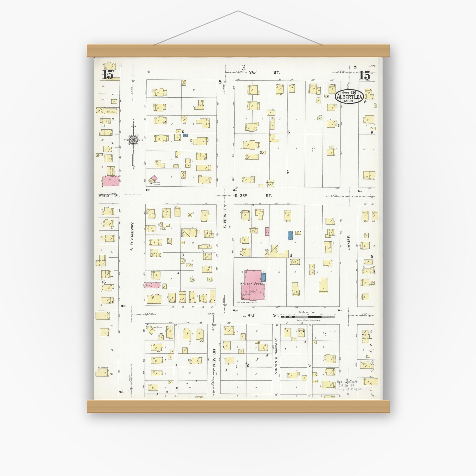 Old map wall art mockup — magnetic wood frame on white wall — Sanborn Fire Insurance Map from Albert Lea, Freeborn County, Minnesota (1926), Sheet #0015
