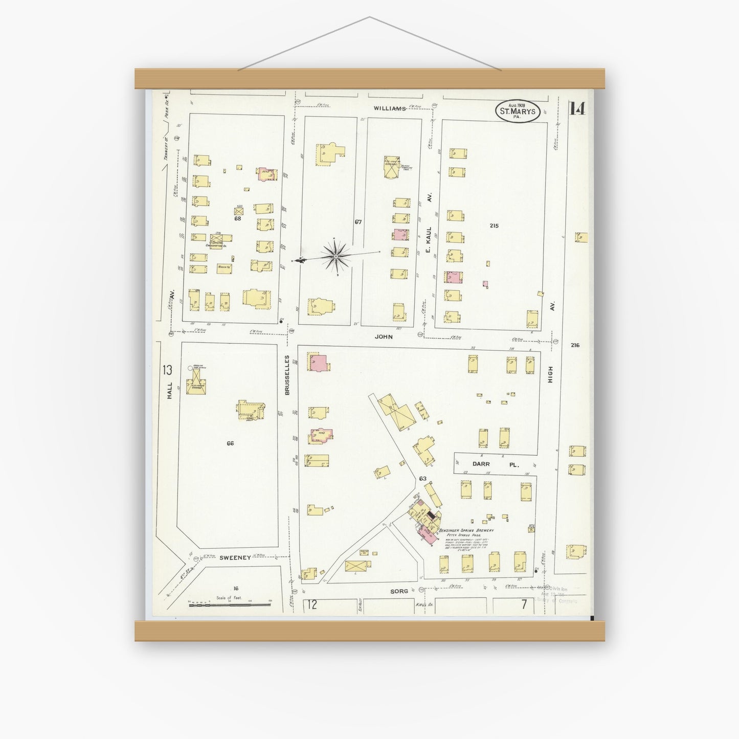 Old map wall art mockup — magnetic wood frame on white wall — Sanborn Fire Insurance Map from Saint Marys, Elk County, Pennsylvania (1909), Sheet #0014