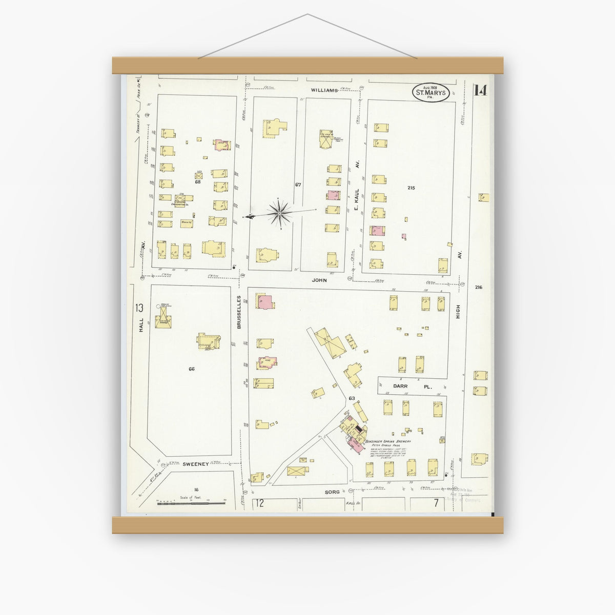 Old map wall art mockup — magnetic wood frame on white wall — Sanborn Fire Insurance Map from Saint Marys, Elk County, Pennsylvania (1909), Sheet #0014