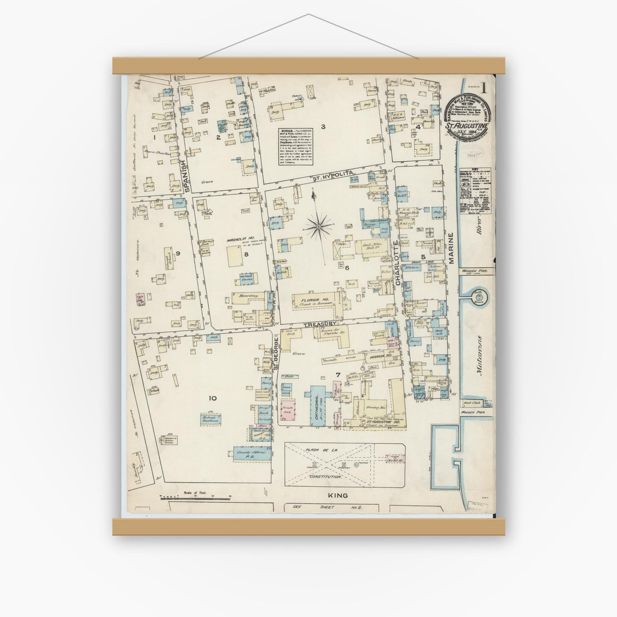 Old map wall art mockup — magnetic wood frame on white wall — Sanborn Fire Insurance Map from Saint Augustine, Saint John's County, Florida (1884), Sheet #0001