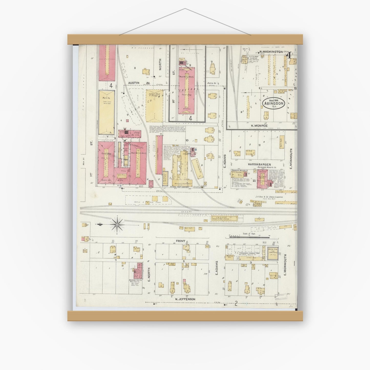 Old map wall art mockup — magnetic wood frame on white wall — Sanborn Fire Insurance Map from Abingdon, Knox County, Illinois (1906), Sheet #0004