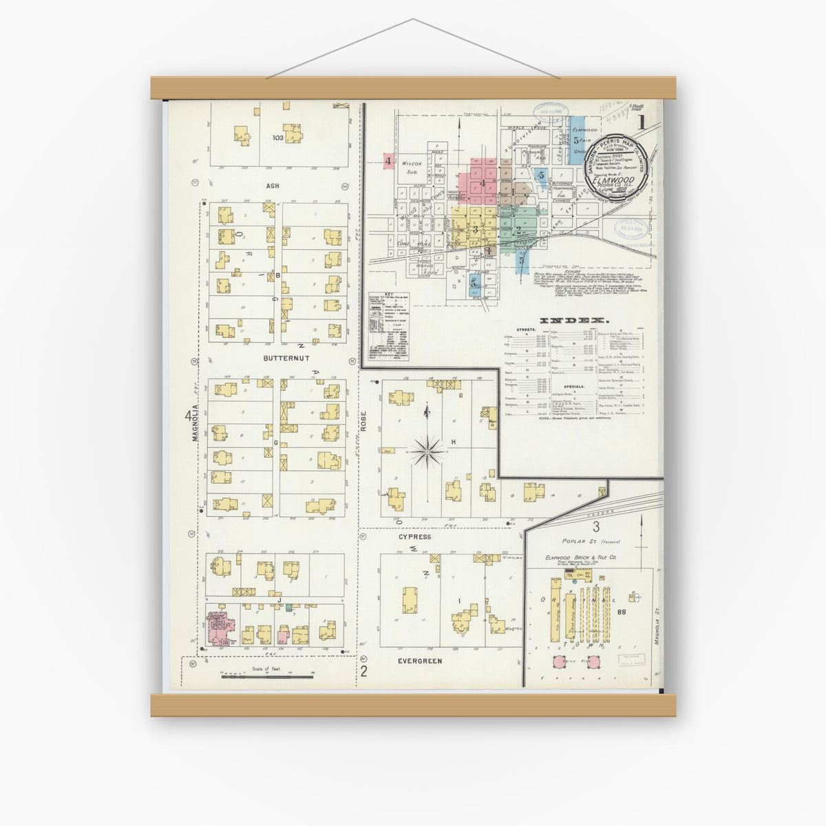 Old map wall art mockup — magnetic wood frame on white wall — Sanborn Fire Insurance Map from Elmwood, Peoria County, Illinois (1898) - Complete Map Set