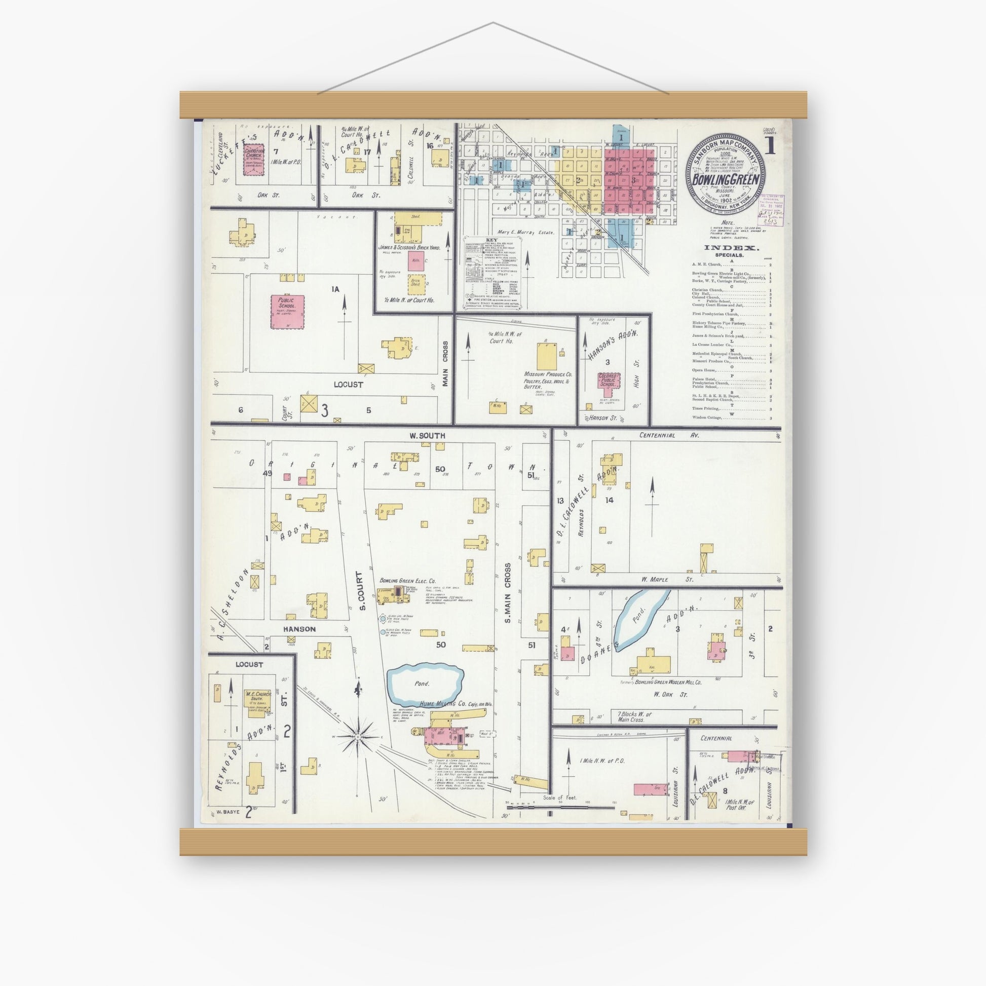 Old map wall art mockup — magnetic wood frame on white wall — Sanborn Fire Insurance Map from Bowling Green, Pike County, Missouri (1902) - Complete Map Set