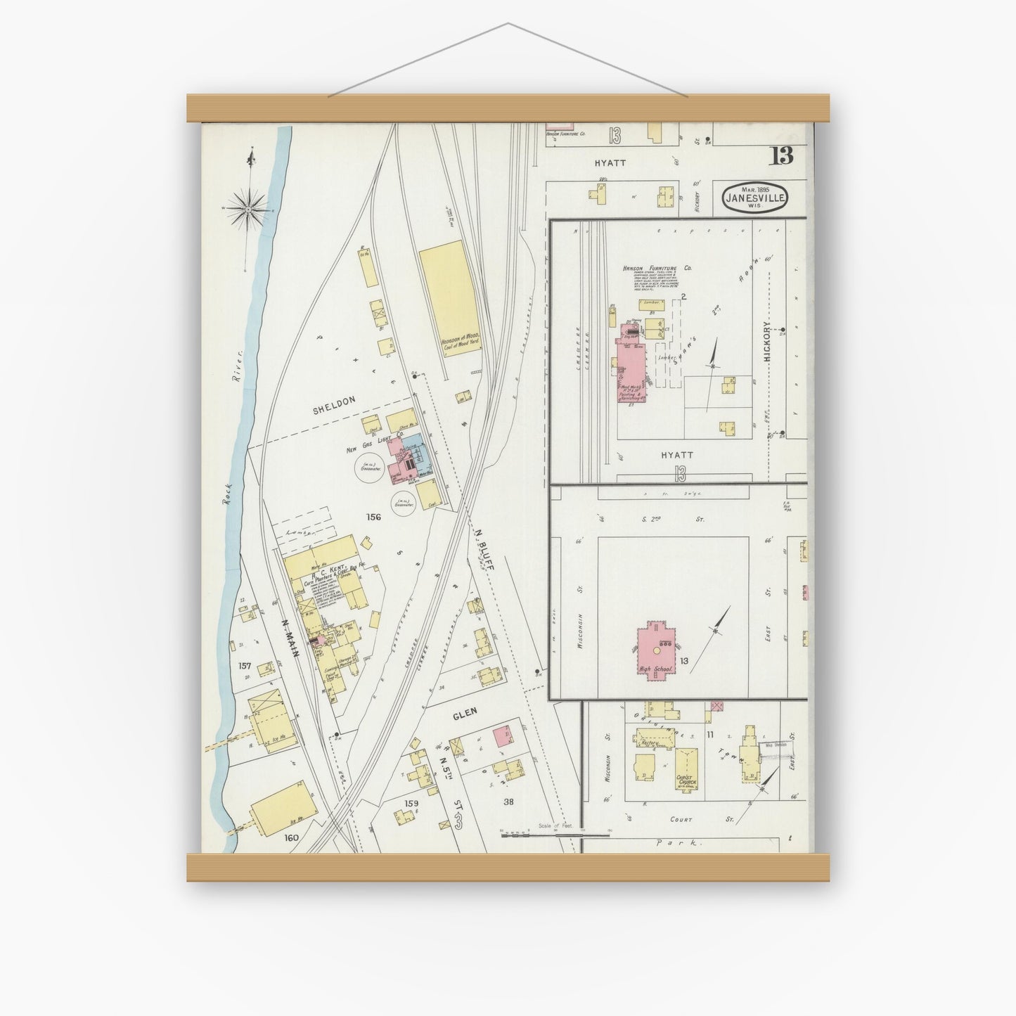 Old map wall art mockup — magnetic wood frame on white wall — Sanborn Fire Insurance Map from Janesville, Rock County, Wisconsin (1895), Sheet #0013