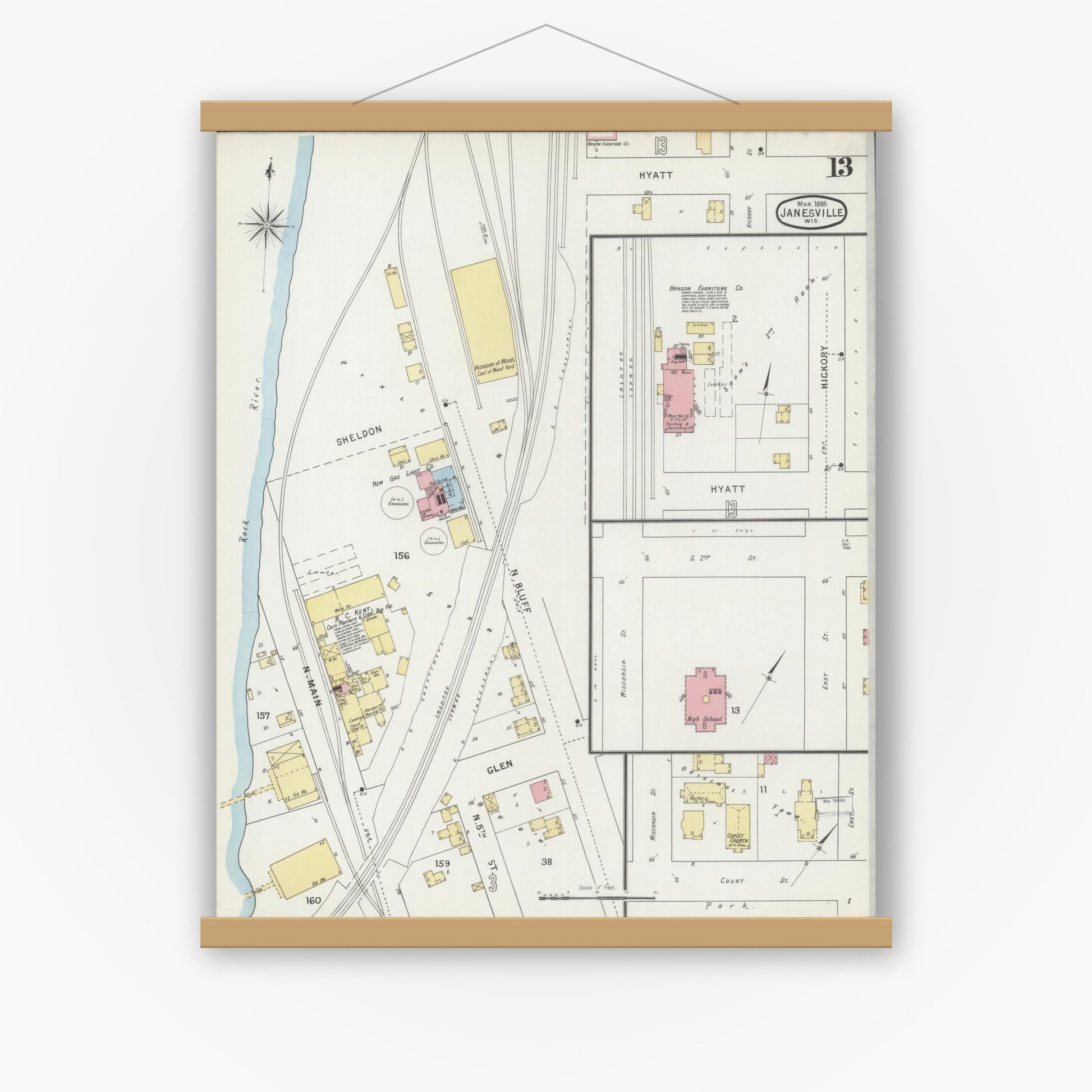 Old map wall art mockup — magnetic wood frame on white wall — Sanborn Fire Insurance Map from Janesville, Rock County, Wisconsin (1895), Sheet #0013