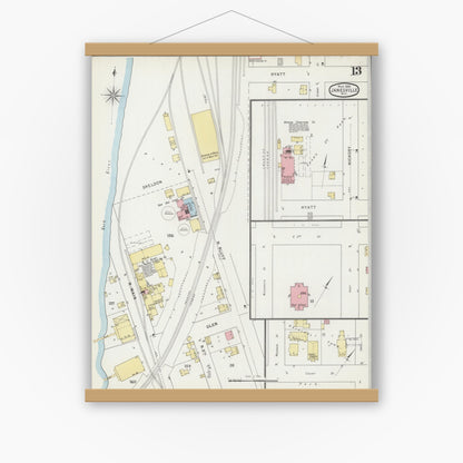 Old map wall art mockup — magnetic wood frame on white wall — Sanborn Fire Insurance Map from Janesville, Rock County, Wisconsin (1895), Sheet #0013