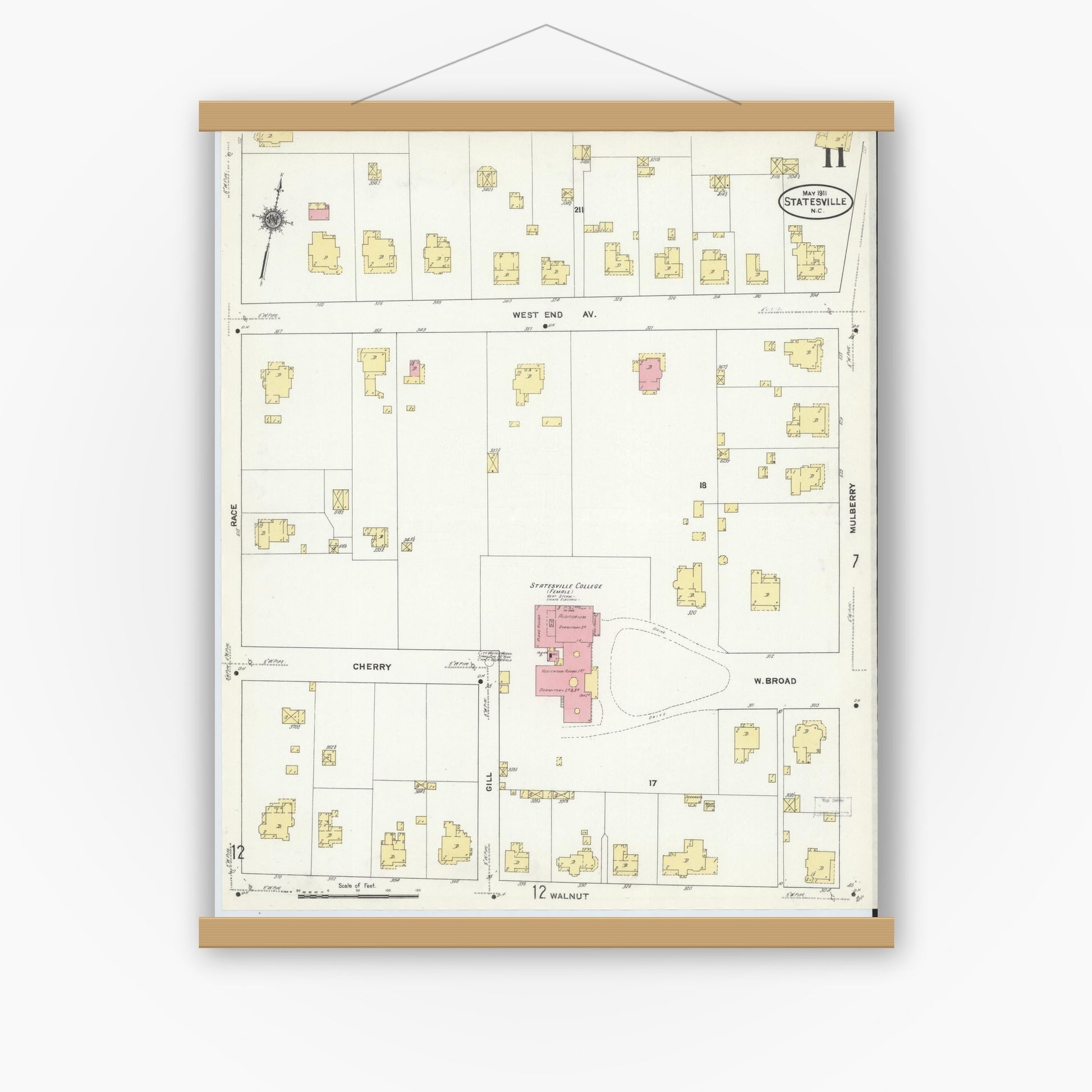 Old map wall art mockup — magnetic wood frame on white wall — Sanborn Fire Insurance Map from Statesville, Iredell County, North Carolina (1911), Sheet #0011