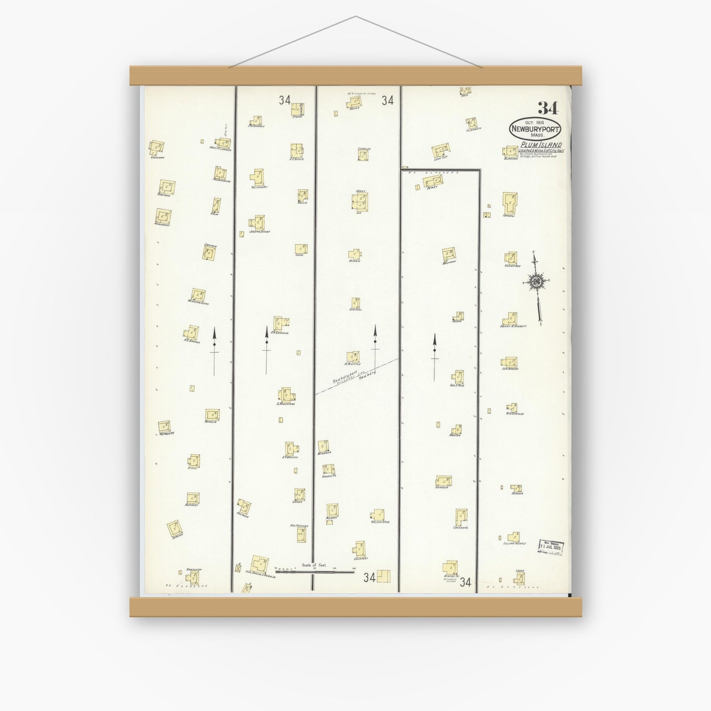 Old map wall art mockup — magnetic wood frame on white wall — Sanborn Fire Insurance Map from Newburyport, Essex County, Massachusetts (1914), Sheet #0034