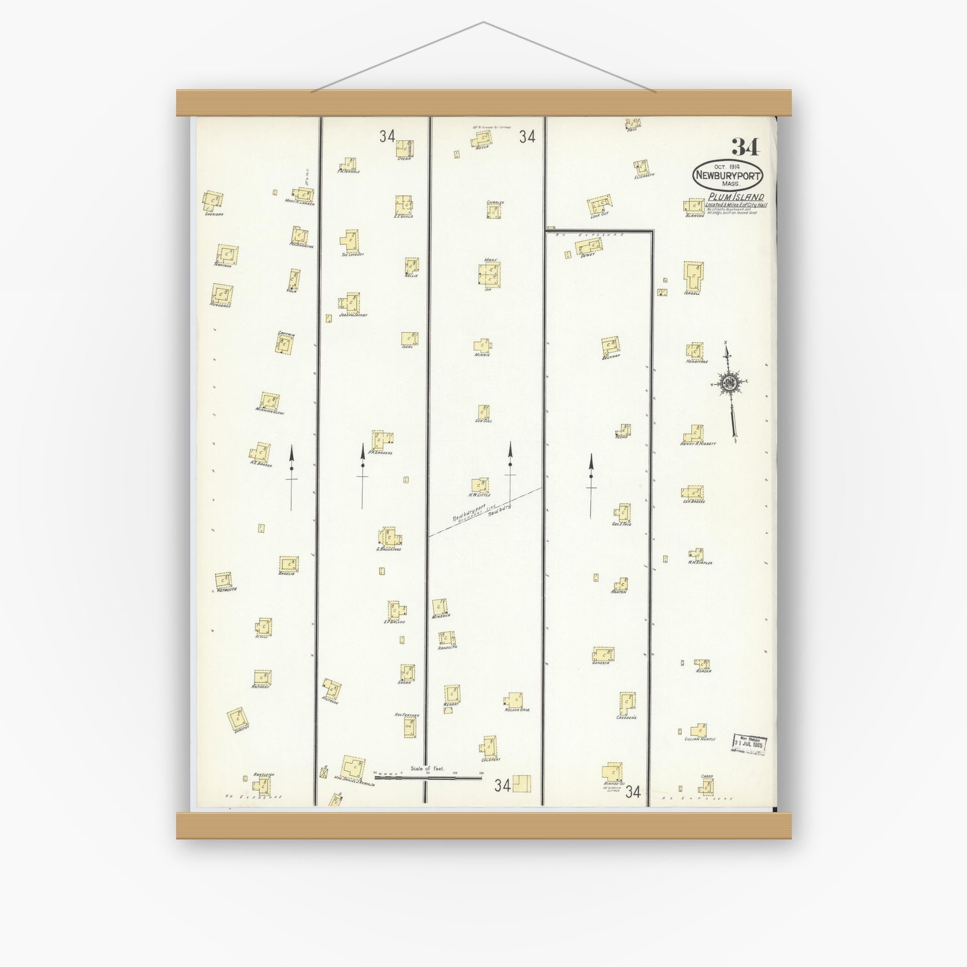Old map wall art mockup — magnetic wood frame on white wall — Sanborn Fire Insurance Map from Newburyport, Essex County, Massachusetts (1914), Sheet #0034