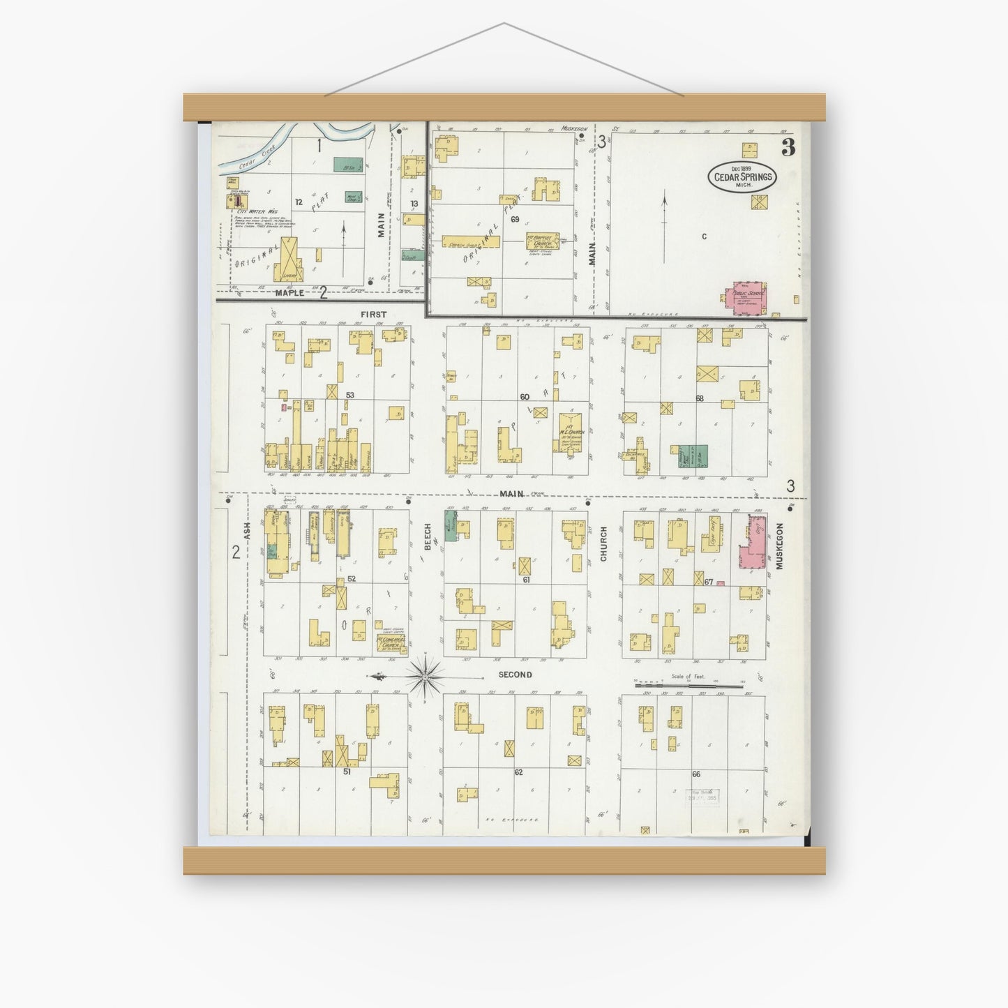 Old map wall art mockup — magnetic wood frame on white wall — Sanborn Fire Insurance Map from Cedar Springs, Kent County, Michigan (1899), Sheet #0003