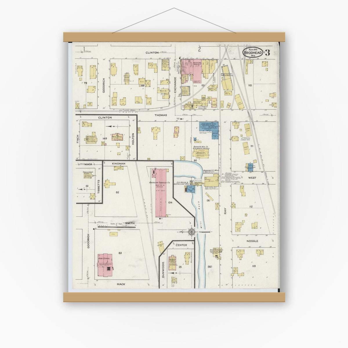 Old map wall art mockup — magnetic wood frame on white wall — Sanborn Fire Insurance Map from Brodhead, Green County, Wisconsin (1915), Sheet #0003
