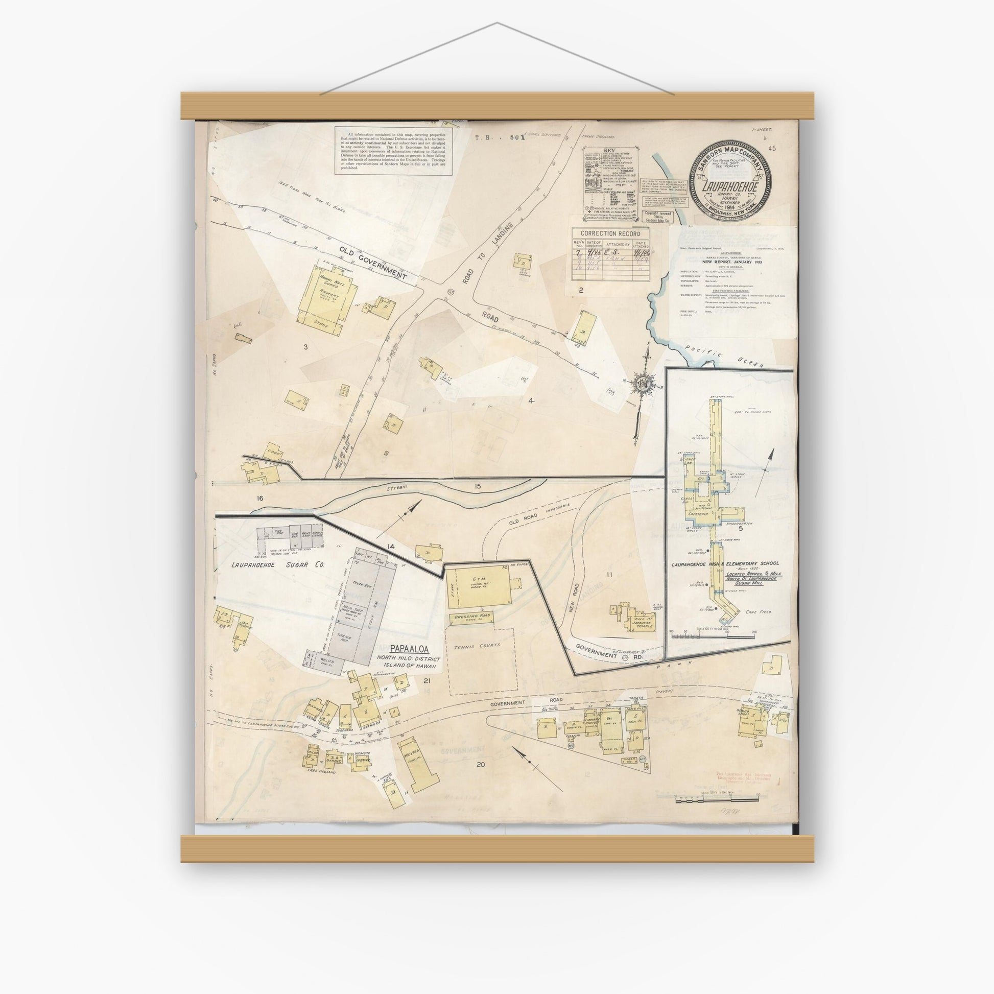 Old map wall art mockup — magnetic wood frame on white wall — Sanborn Fire Insurance Map from Laupahoehoe, Hawaii County, Hawaii (1956), Sheet #0001