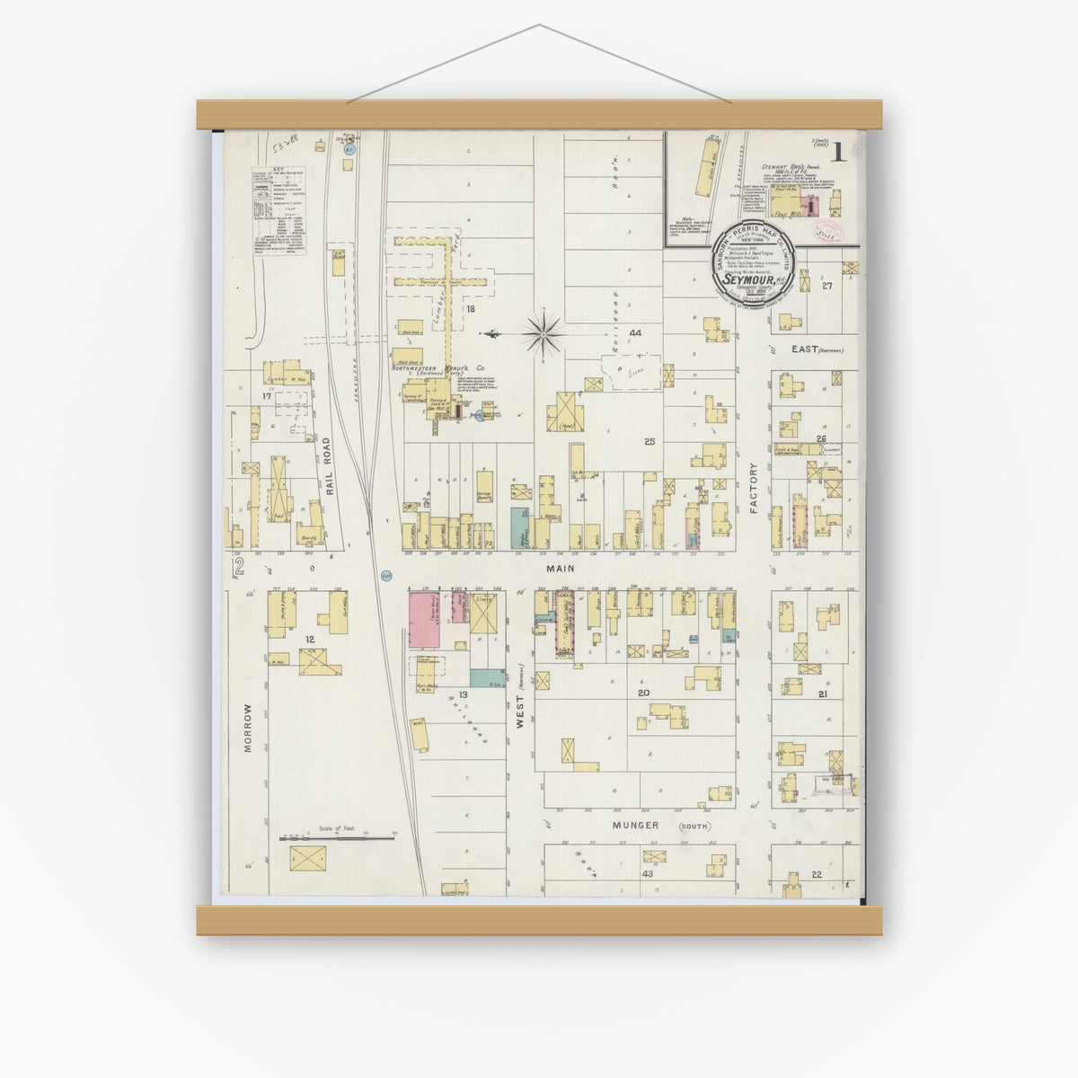 Old map wall art mockup — magnetic wood frame on white wall — Sanborn Fire Insurance Map from Seymour, Outagamie County, Wisconsin (1894) - Complete Map Set