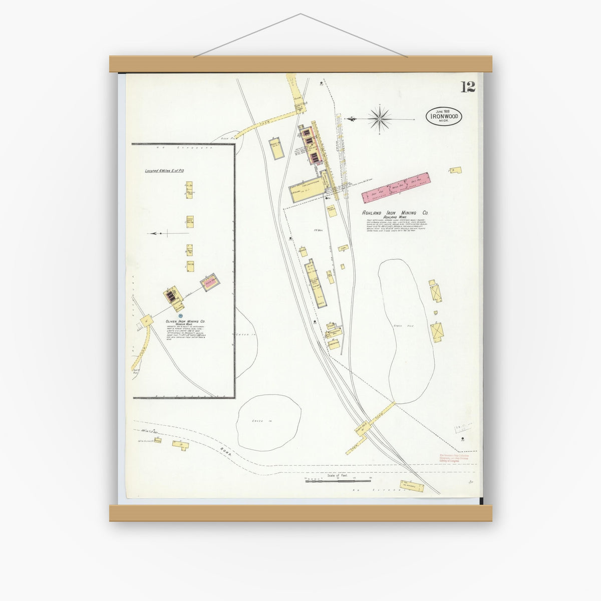 Old map wall art mockup — magnetic wood frame on white wall — Sanborn Fire Insurance Map from Ironwood, Gogebic County, Michigan (1908), Sheet #0012
