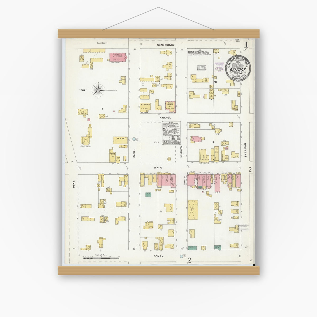 Old map wall art mockup — magnetic wood frame on white wall — Sanborn Fire Insurance Map from Belfast, Allegany County, New York (1904), Sheet #0001