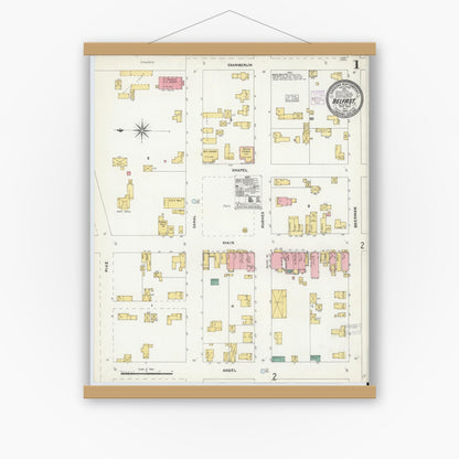 Old map wall art mockup — magnetic wood frame on white wall — Sanborn Fire Insurance Map from Belfast, Allegany County, New York (1904), Sheet #0001