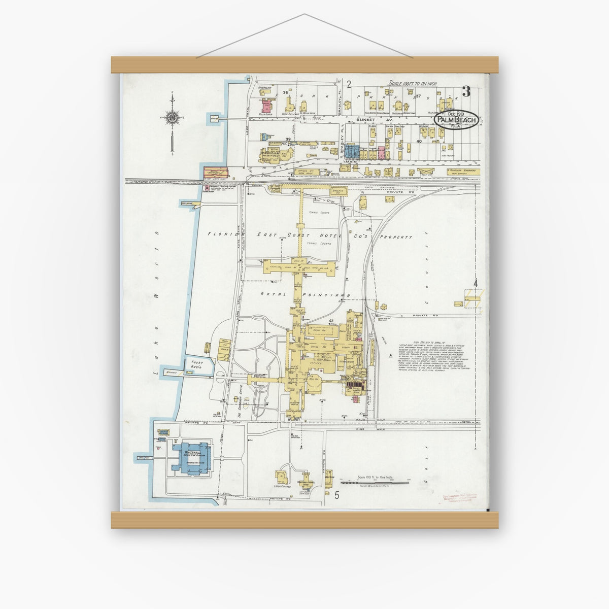 Old map wall art mockup — magnetic wood frame on white wall — Sanborn Fire Insurance Map from Palm Beach, Palm Beach County, Florida (1919), Sheet #0003