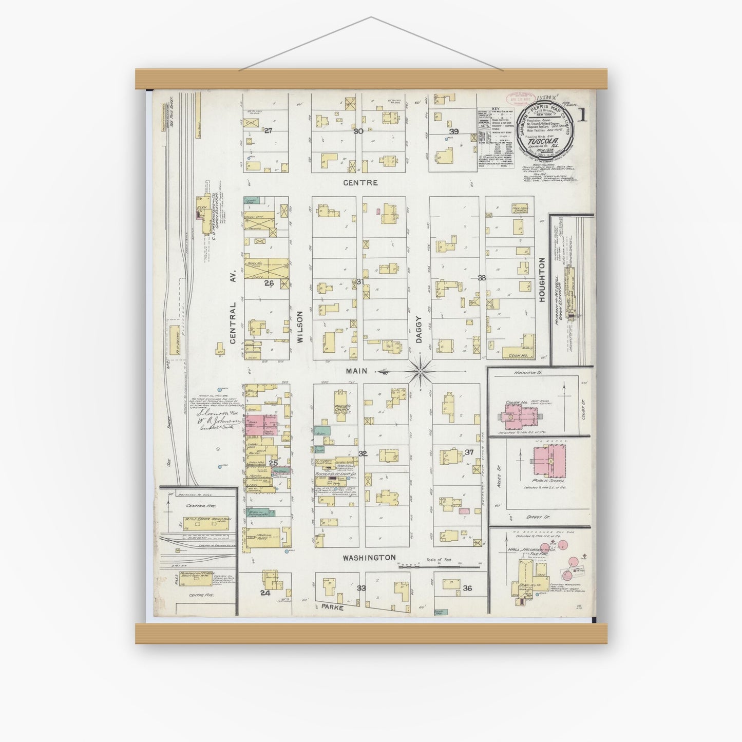 Old map wall art mockup — magnetic wood frame on white wall — Sanborn Fire Insurance Map from Tuscola, Douglas County, Illinois (1892) - Complete Map Set