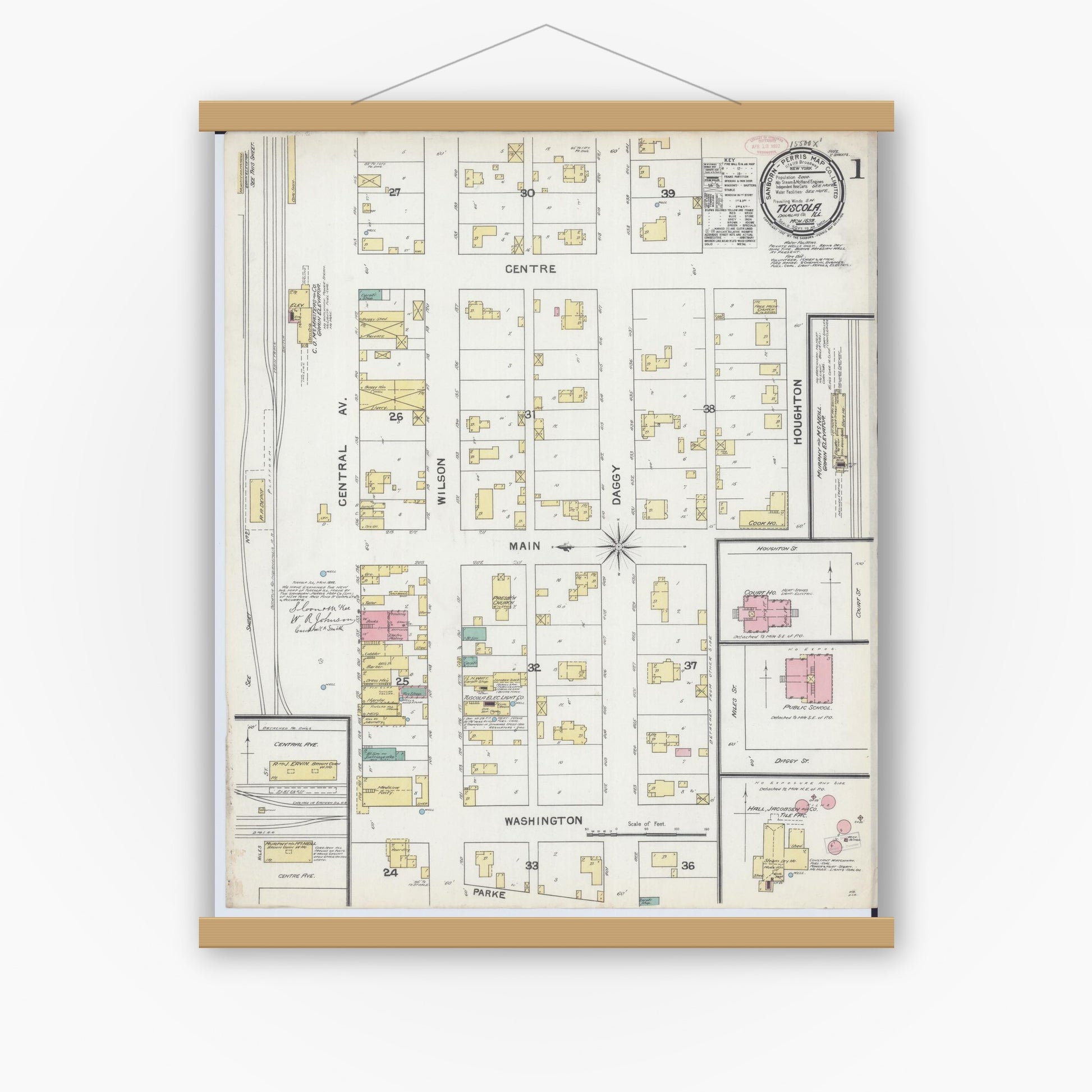 Old map wall art mockup — magnetic wood frame on white wall — Sanborn Fire Insurance Map from Tuscola, Douglas County, Illinois (1892) - Complete Map Set
