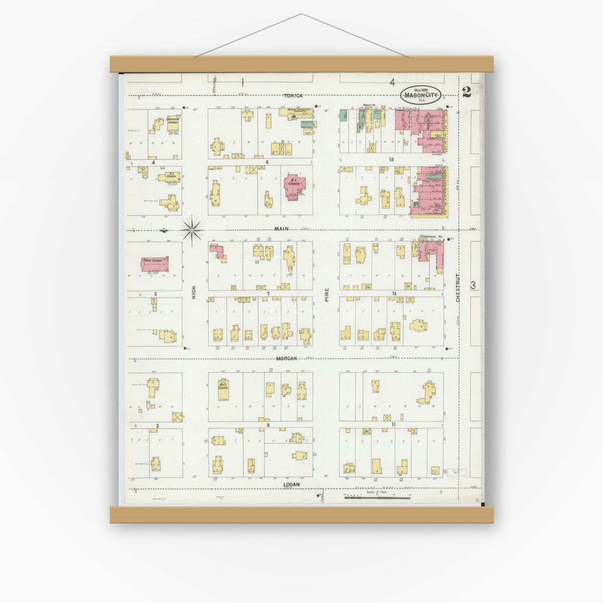 Old map wall art mockup — magnetic wood frame on white wall — Sanborn Fire Insurance Map from Mason City, Mason County, Illinois (1899), Sheet #0002