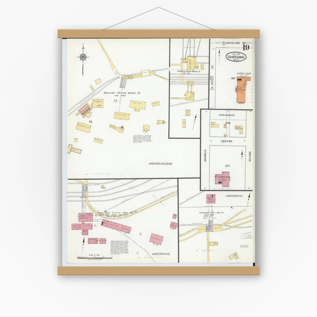 Old map wall art mockup — magnetic wood frame on white wall — Sanborn Fire Insurance Map from Ishpeming, Marquette County, Michigan (1917), Sheet #0019
