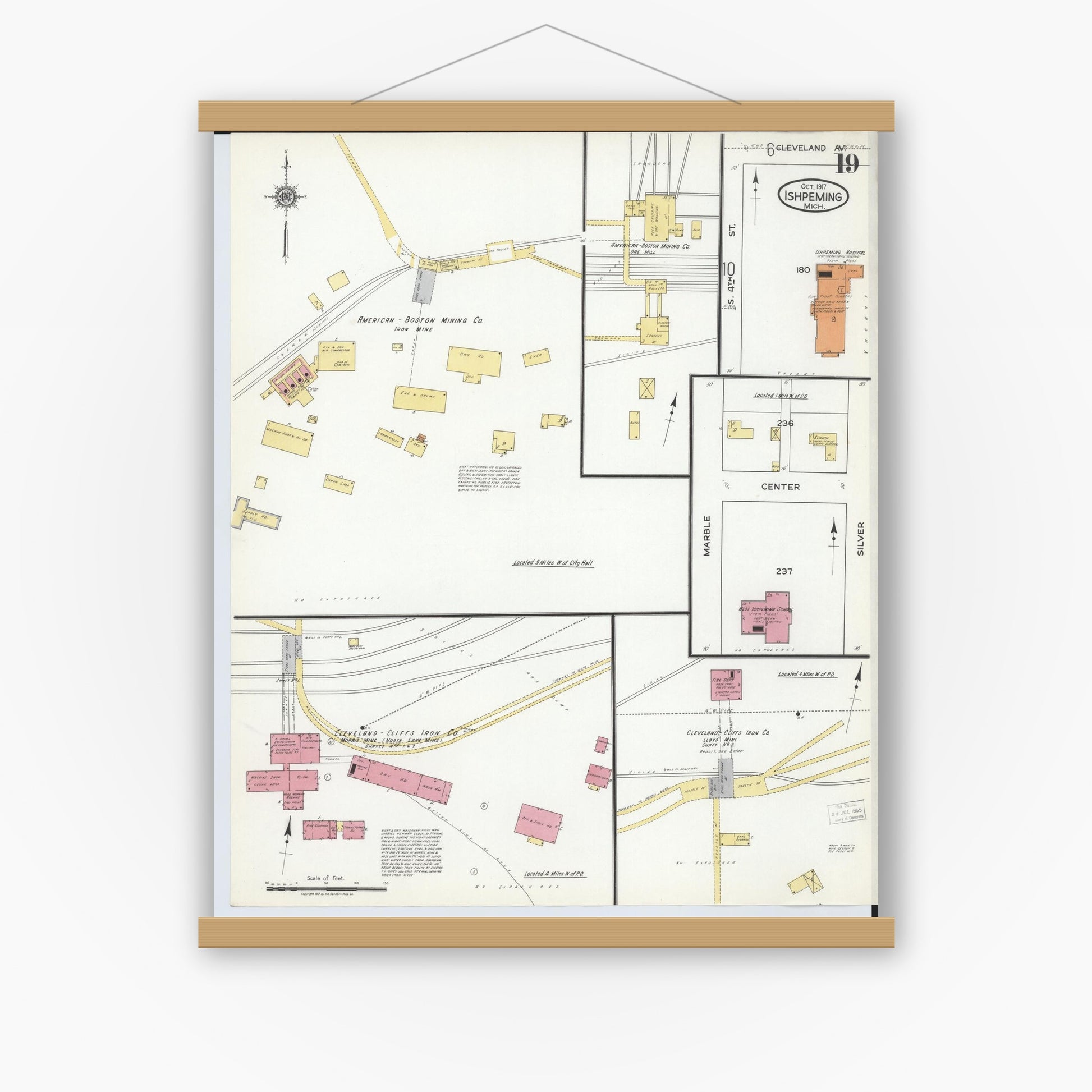 Old map wall art mockup — magnetic wood frame on white wall — Sanborn Fire Insurance Map from Ishpeming, Marquette County, Michigan (1917), Sheet #0019