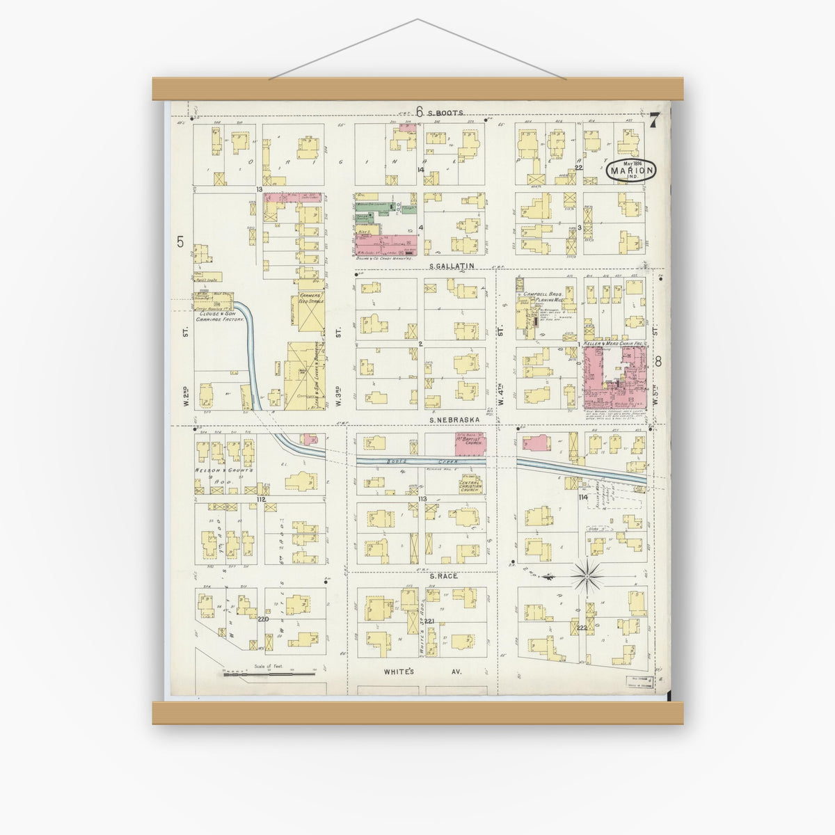 Old map wall art mockup — magnetic wood frame on white wall — Sanborn Fire Insurance Map from Marion, Grant County, Indiana (1896), Sheet #0007