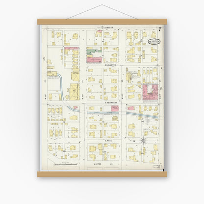 Old map wall art mockup — magnetic wood frame on white wall — Sanborn Fire Insurance Map from Marion, Grant County, Indiana (1896), Sheet #0007