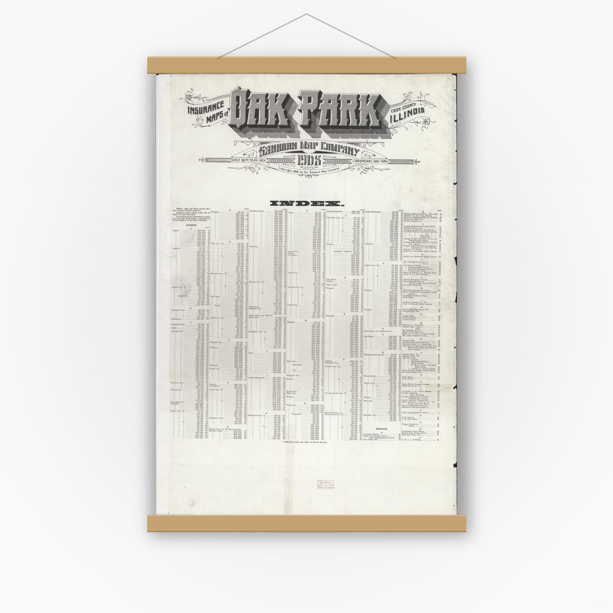 Old map wall art mockup — magnetic wood frame on white wall — Sanborn Fire Insurance Map from Oak Park, Cook County, Illinois (1908), Sheet #0001