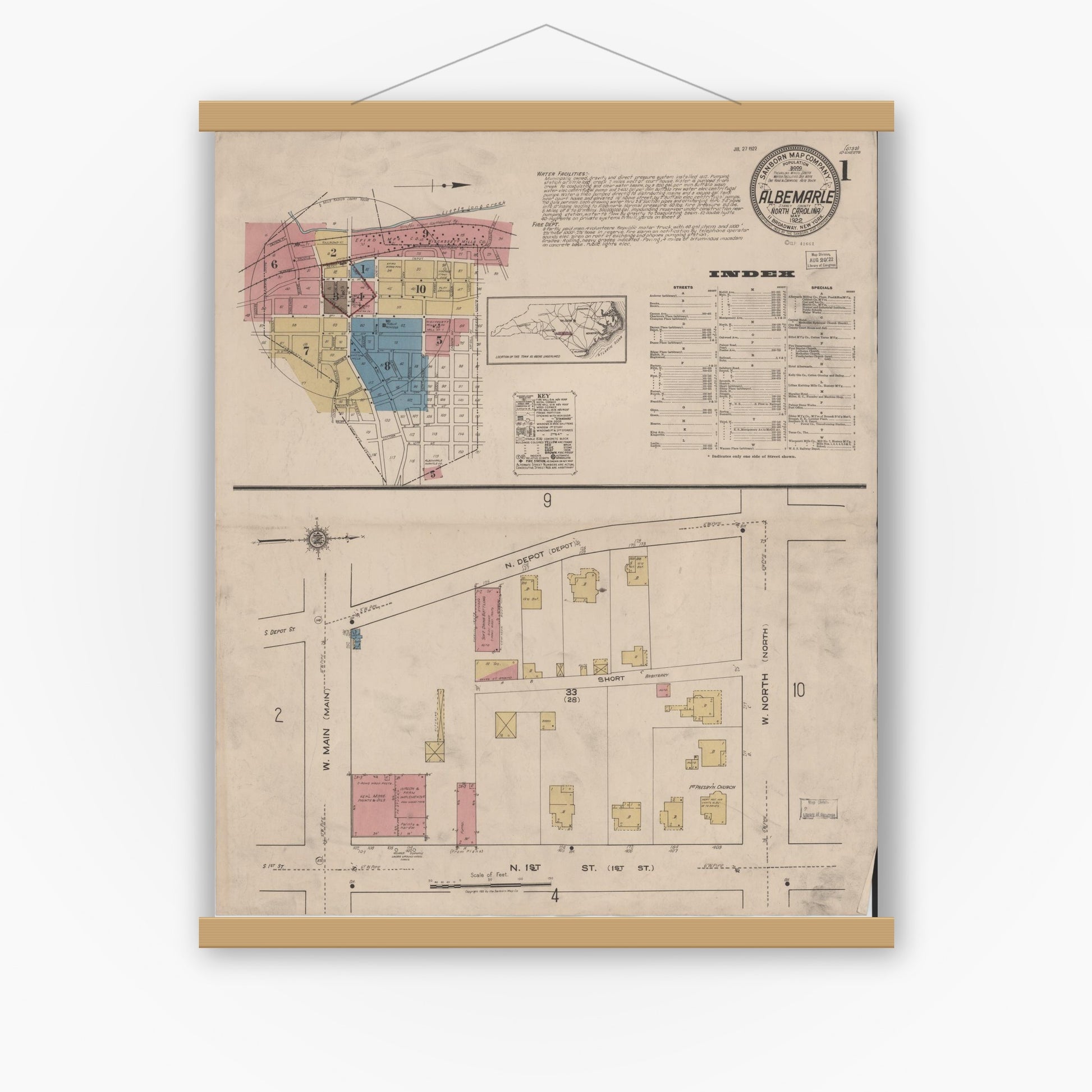 Old map wall art mockup — magnetic wood frame on white wall — Sanborn Fire Insurance Map from Albemarle, Stanley County, North Carolina (1922) - Complete Map Set