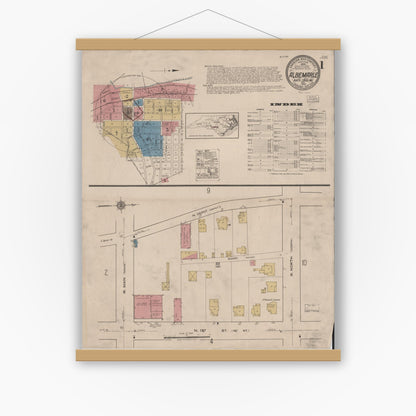Old map wall art mockup — magnetic wood frame on white wall — Sanborn Fire Insurance Map from Albemarle, Stanley County, North Carolina (1922) - Complete Map Set