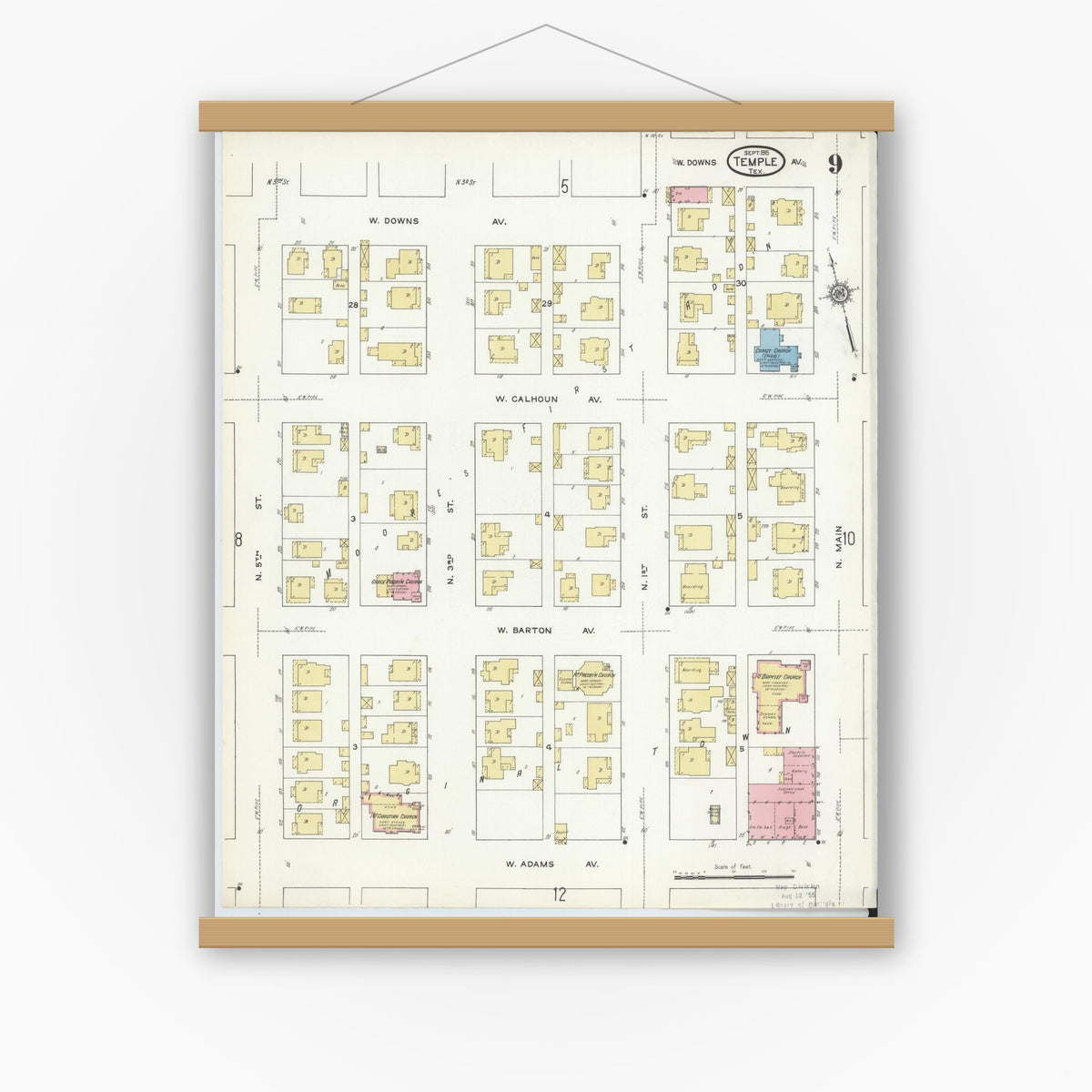 Old map wall art mockup — magnetic wood frame on white wall — Sanborn Fire Insurance Map from Temple, Bell County, Texas (1915), Sheet #0009